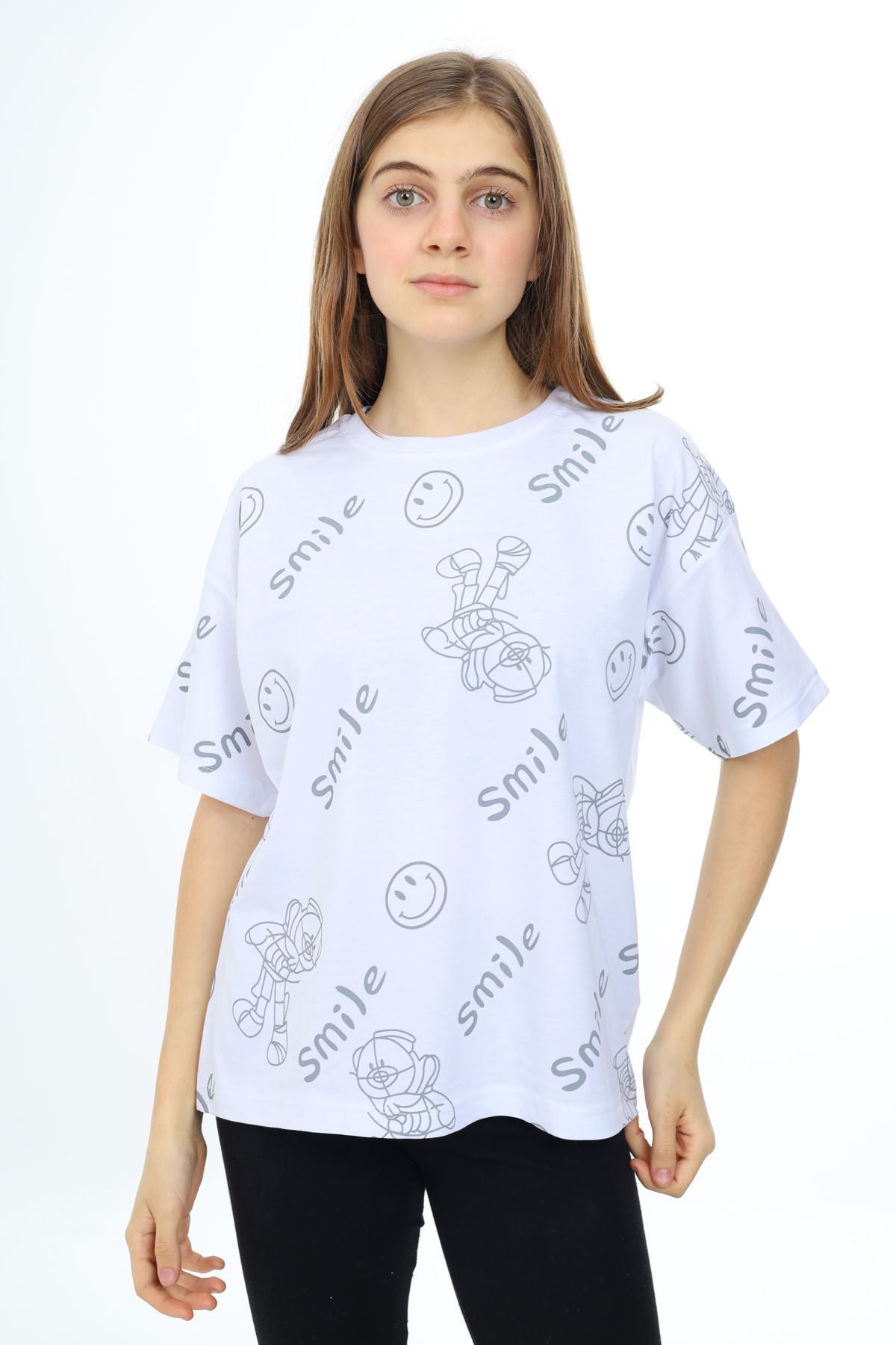 Beyaz Smile Bask l Bisiklet Yaka K z Cocuk T shirt