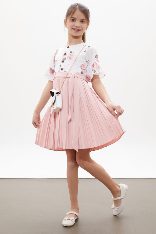 Açık Pembe Gül Desenli Kısa Kollu Çantalı Kız Çocuk Pileli Elbise 18263