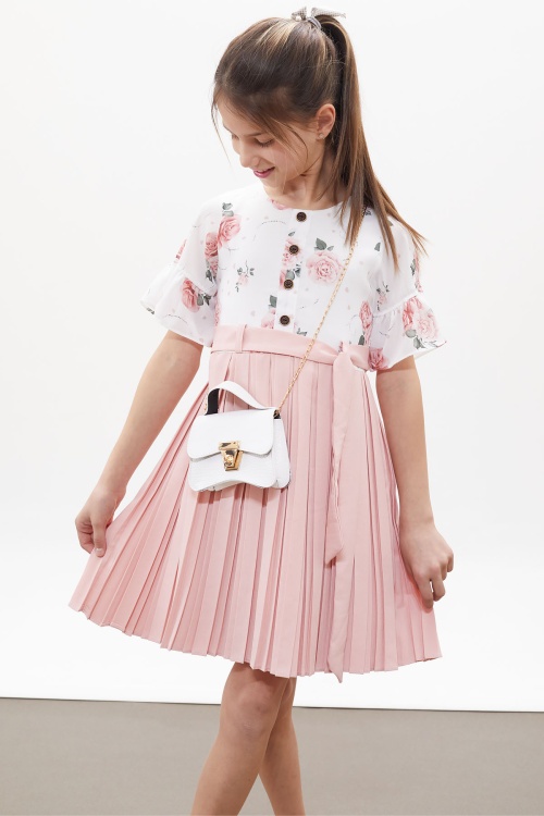 Açık Pembe Gül Desenli Kısa Kollu Çantalı Kız Çocuk Pileli Elbise 18263