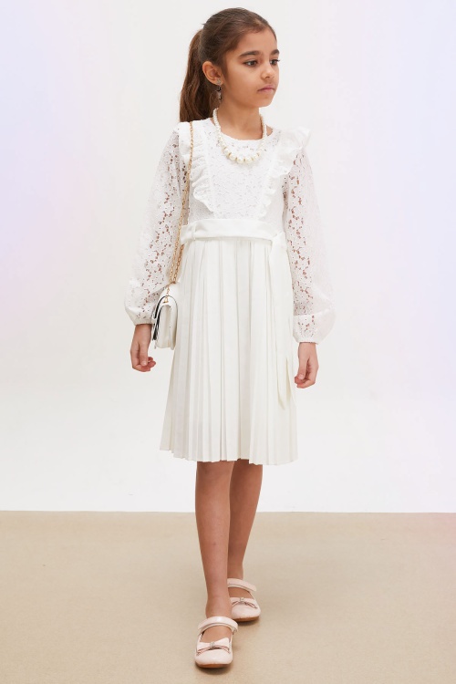Beyaz Dantel Tüllü Kemerli Kız Çocuk Kolye ve Çantalı Elbise 18067