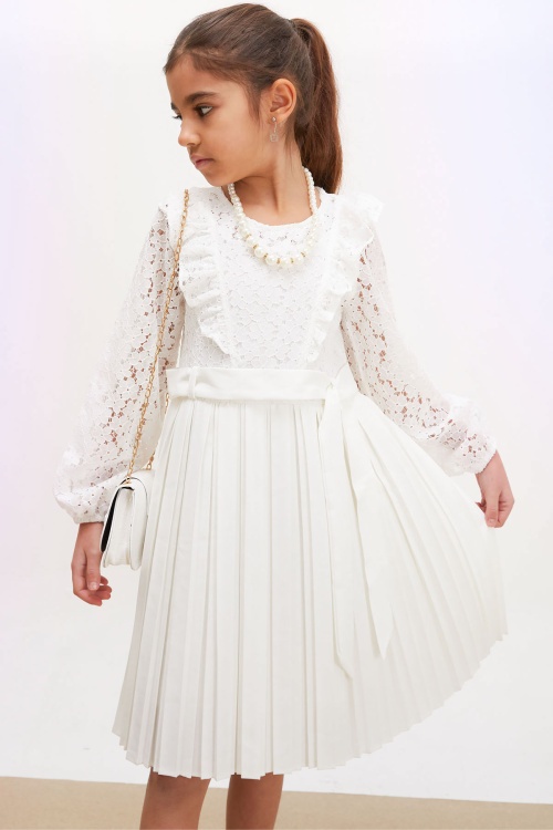 Beyaz Dantel Tüllü Kemerli Kız Çocuk Kolye ve Çantalı Elbise 18067