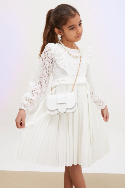 Beyaz Dantel Tüllü Kemerli Kız Çocuk Kolye ve Çantalı Elbise 18067