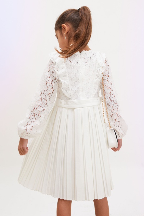 Beyaz Dantel Tüllü Kemerli Kız Çocuk Kolye ve Çantalı Elbise 18067