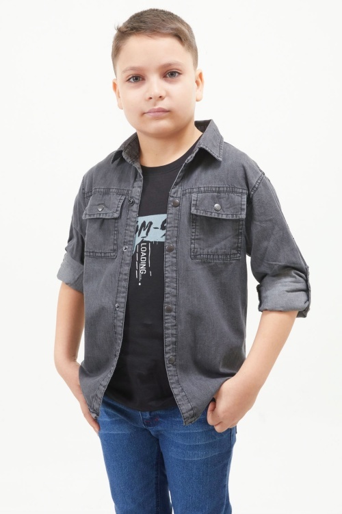 Füme Yazı Baskılı Jean Gömlekli T-shirt Erkek Çocuk 2li Takım 17569