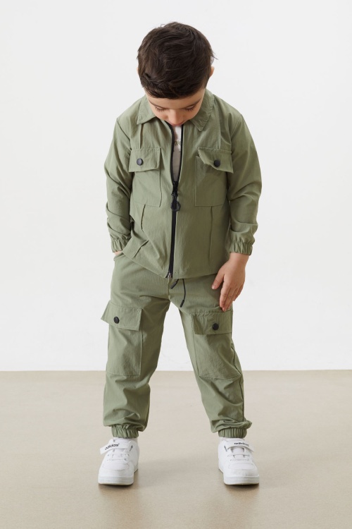 Haki Kurt Nakışlı Tişörtlü Ceket ve Pantolonlu Erkek Çocuk Paraşüt Takım 18318