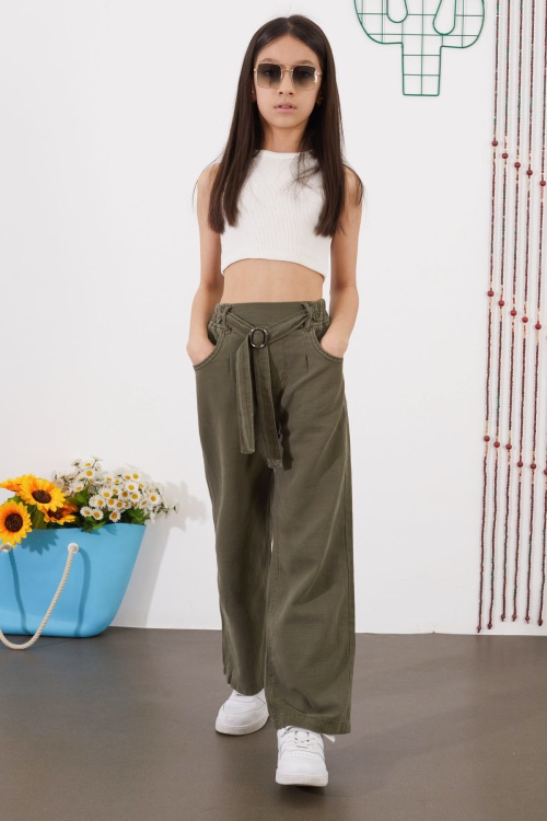 Haki Kuşaklı Beli Lastikli İspanyol Paça Kız Pantolon 18714