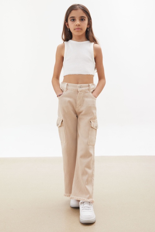 Krem Kargo Cepli Püsküllü Geniş Paça Kız Jean Pantolon 18230