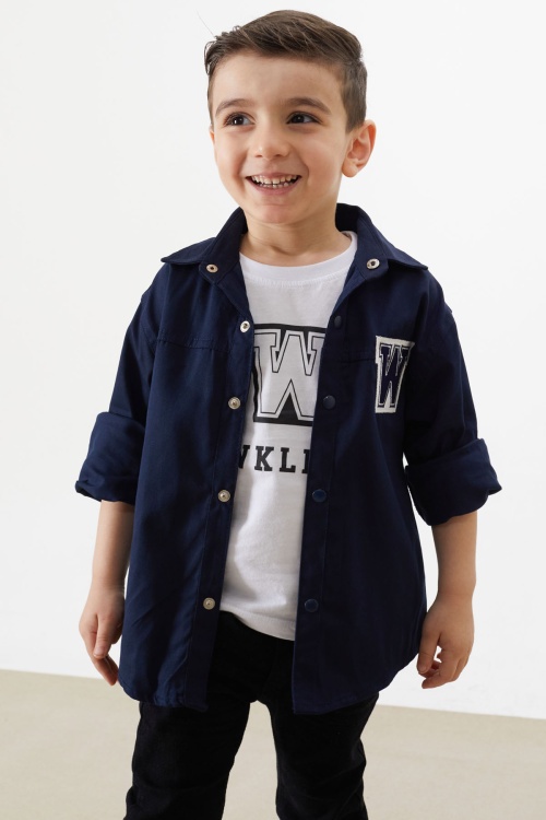 Lacivert Nakışlı Jean Gömlekli Tişörtlü Erkek Çocuk 2li Takım 18238