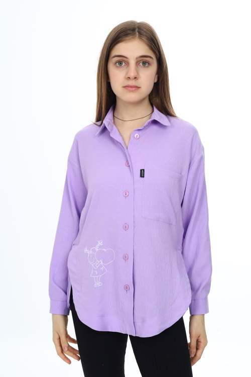 Lila Kalp Baskılı Yırtmaç Detaylı Kız Çocuk Düğmeli Gömlek 18427