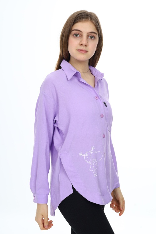 Lila Kalp Baskılı Yırtmaç Detaylı Kız Çocuk Düğmeli Gömlek 18427