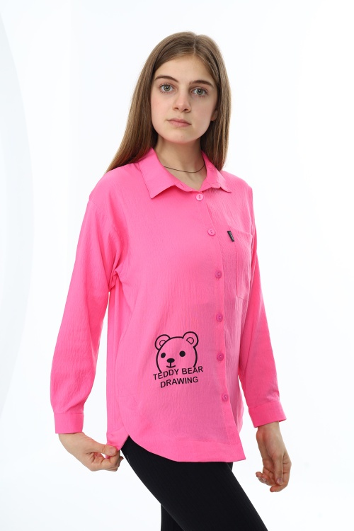 Pembe Ayıcık Baskılı Yırtmaçlı Kız Çocuk Düğmeli Gömlek 18417