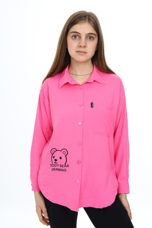 Pembe Ayıcık Baskılı Yırtmaçlı Kız Çocuk Düğmeli Gömlek 18417