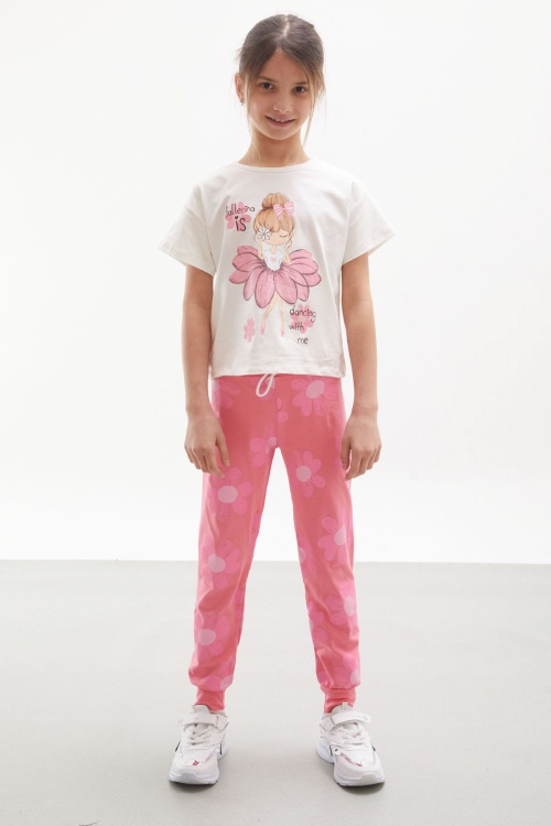 Pembe Balerin Baskılı Simli Tişörtlü Kız Çocuk Takım 18017