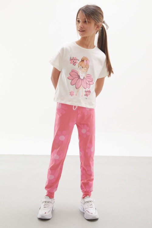 Pembe Balerin Baskılı Simli Tişörtlü Kız Çocuk Takım 18017