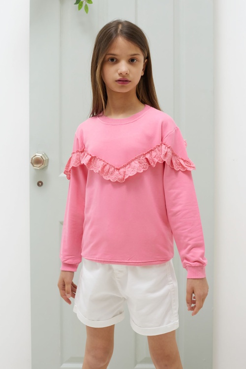 Pembe Dantel Detaylı Bisiklet Yaka Kız Çocuk Sweatshirt 18545