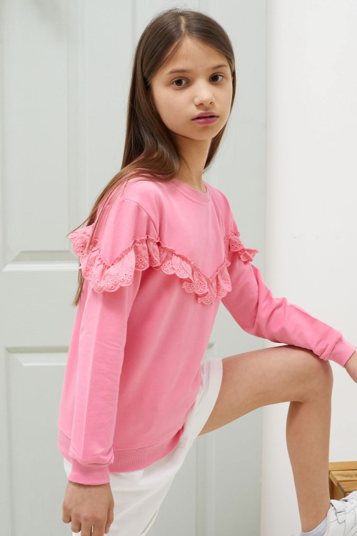 Pembe Dantel Detaylı Bisiklet Yaka Kız Çocuk Sweatshirt 18545