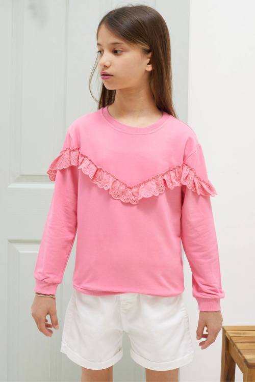 Pembe Dantel Detaylı Bisiklet Yaka Kız Çocuk Sweatshirt 18545