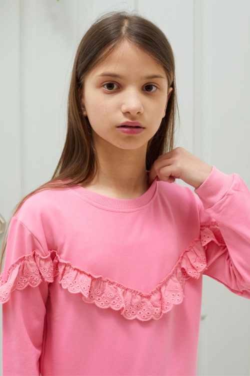 Pembe Dantel Detaylı Bisiklet Yaka Kız Çocuk Sweatshirt 18545