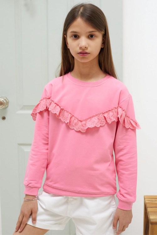 Pembe Dantel Detaylı Bisiklet Yaka Kız Çocuk Sweatshirt 18545