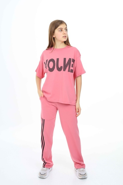 Pembe Enjoy Yazılı Şeritli Kız Çocuk Takım 18705