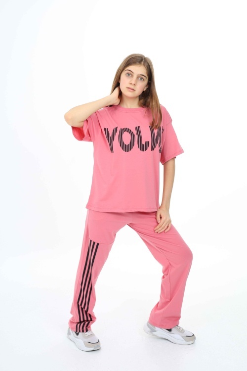 Pembe Enjoy Yazılı Şeritli Kız Çocuk Takım 18705