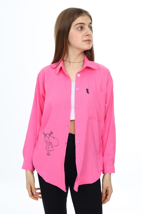 Pembe Kalp Baskılı Yırtmaç Detaylı Kız Çocuk Düğmeli Gömlek 18429
