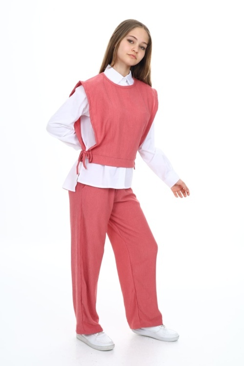Pembe Yandan Bağlamalı Süveterli Gömlekli Kız Çocuk 3lü Takım 18491