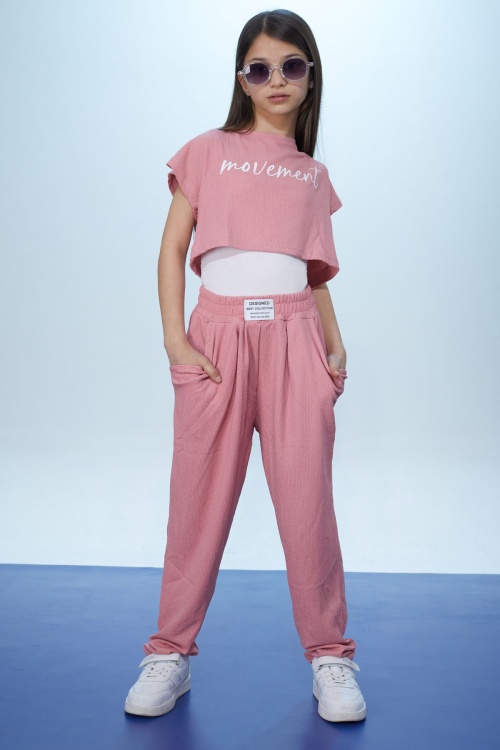 Pembe Yazılı Croplu Büstiyerli Kız Çocuk Pantolonlu Takım 18435