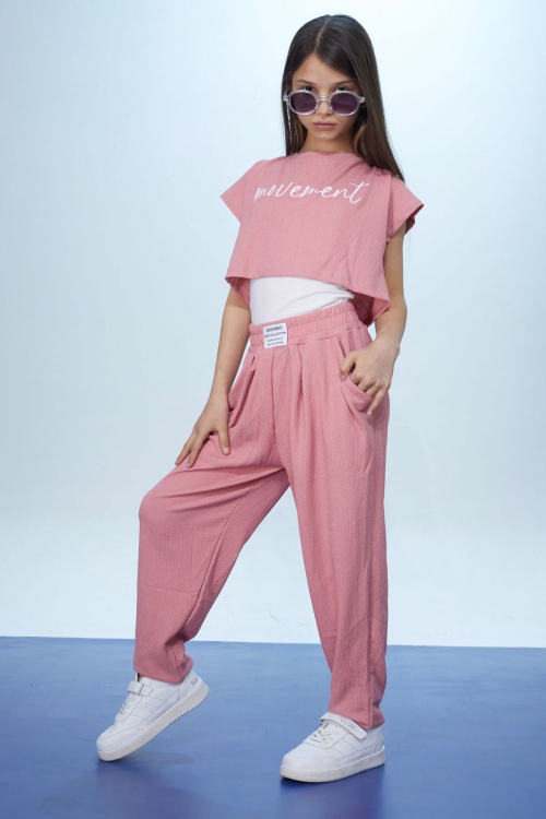 Pembe Yazılı Croplu Büstiyerli Kız Çocuk Pantolonlu Takım 18435