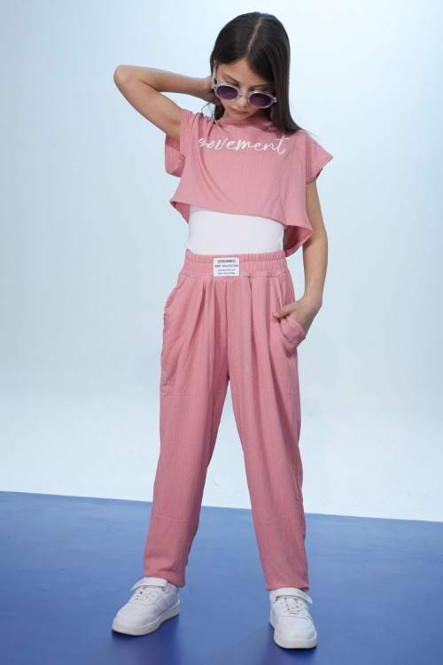 Pembe Yazılı Croplu Büstiyerli Kız Çocuk Pantolonlu Takım 18435