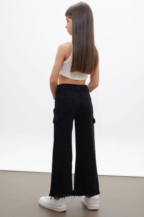 Siyah Kargo Cepli Püsküllü Geniş Paça Kız Jean Pantolon 13-17 Yaş 18248