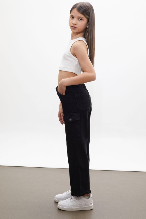 Siyah Kargo Cepli Püsküllü Geniş Paça Kız Jean Pantolon 13-17 Yaş 18248