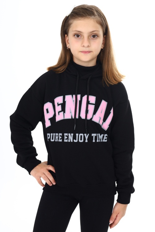 Siyah Pengai Yazı Baskı Polarlı Kız Çocuk Sweatshirt 18328