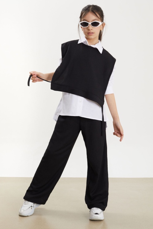 Siyah Yandan Bağlamalı Süveterli Gömlekli Kız Çocuk 3lü Takım 18488