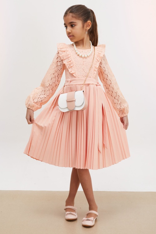 Somon Dantel Tüllü Kemerli Kız Çocuk Kolye ve Çantalı Elbise 18068