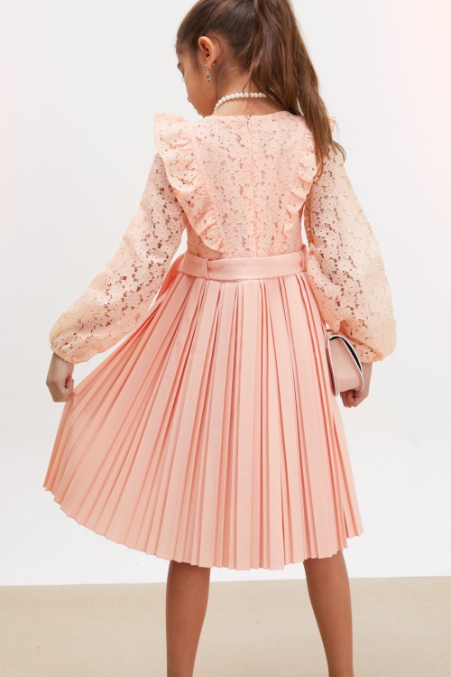 Somon Dantel Tüllü Kemerli Kız Çocuk Kolye ve Çantalı Elbise 18068