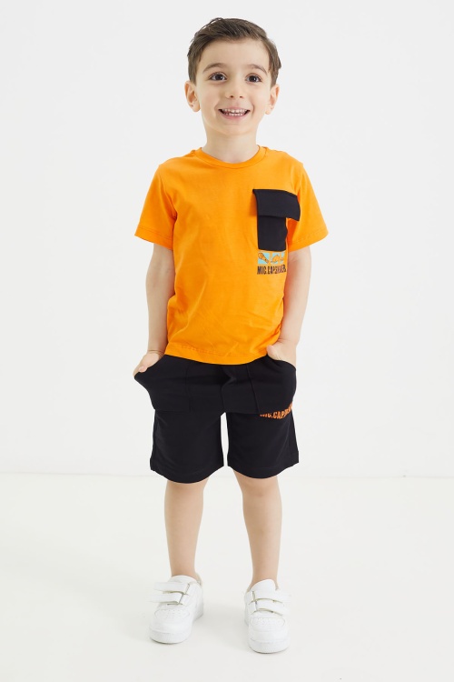 Turuncu Göğüs Cepli Baskılı Erkek Çocuk Tişörtlü Şortlu Takım 18567