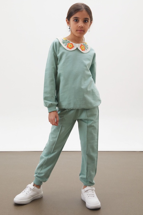 Yeşil Çiçekli Örgü Yakalı Kız Çocuk Alt Üst Takım 17942