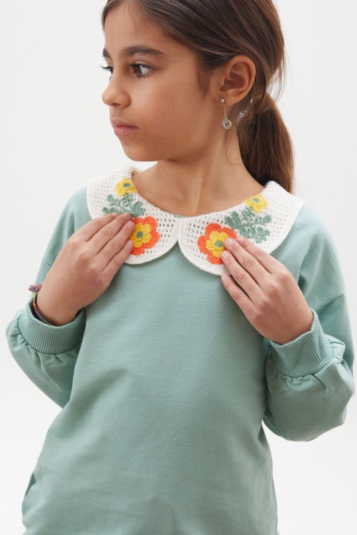 Yeşil Çiçekli Örgü Yakalı Kız Çocuk Alt Üst Takım 17942