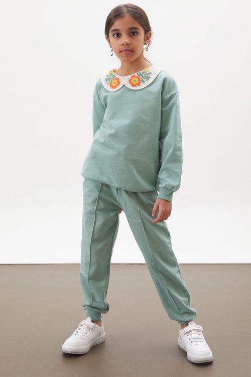 Yeşil Çiçekli Örgü Yakalı Kız Çocuk Alt Üst Takım 17942