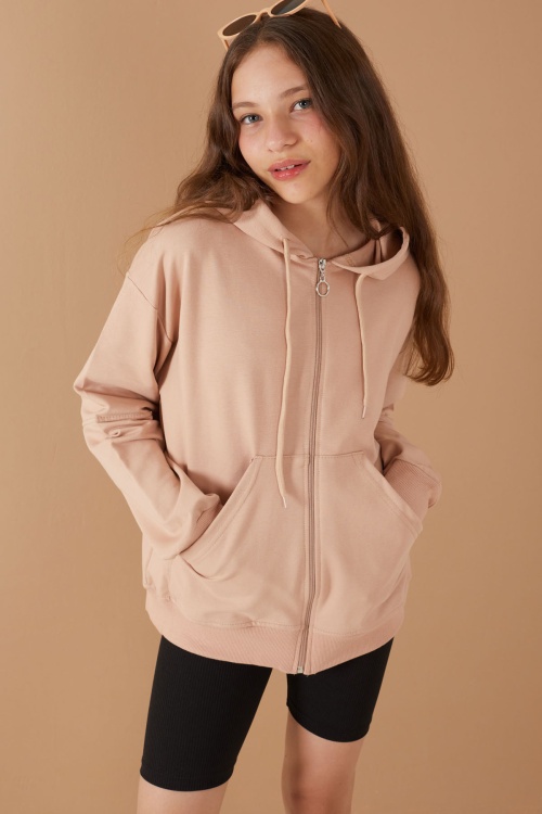 Bej Fermuarlı Basic Kız Çocuk Kapüşonlu Okul Hırkası 19202