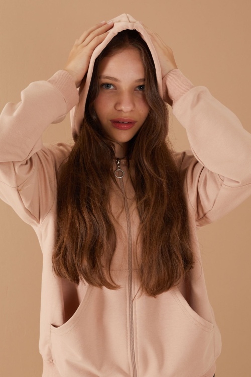 Bej Fermuarlı Basic Kız Çocuk Kapüşonlu Okul Hırkası 19202