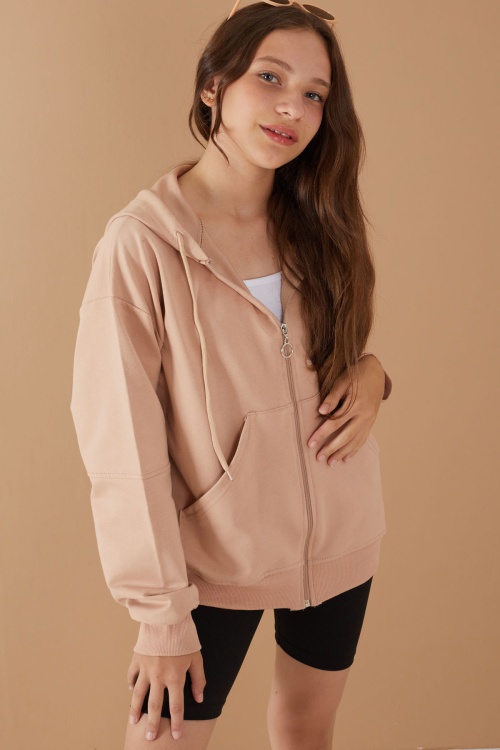 Bej Fermuarlı Basic Kız Çocuk Kapüşonlu Okul Hırkası 19202