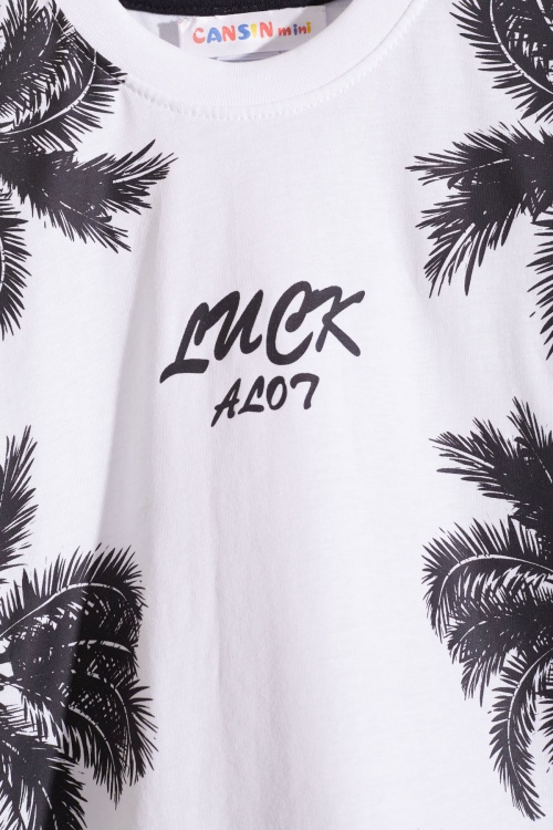 Beyaz Luck Yazı Baskılı Tişörtlü Erkek Çocuk Şortlu Takım 18844