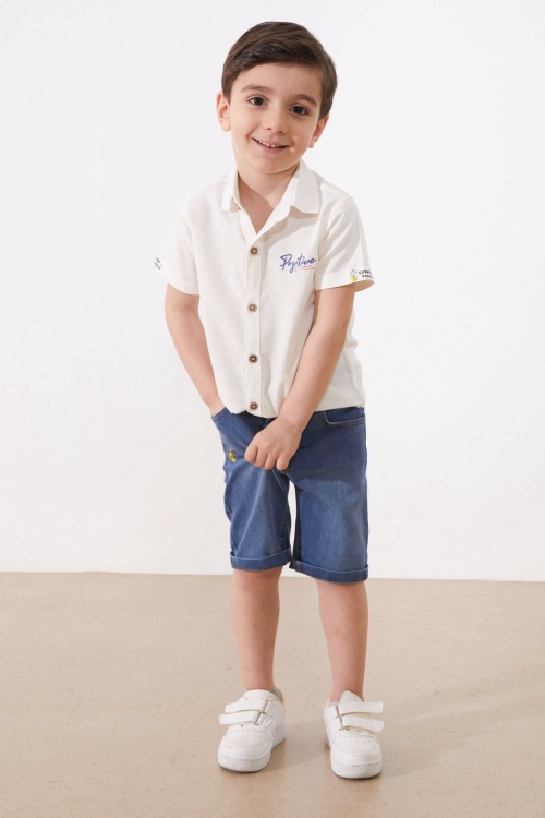 Ekru Yazı Baskılı Gömlekli Jean Şortlu Erkek Çocuk Takım 18966