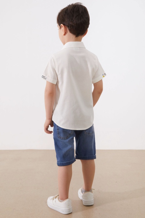 Ekru Yazı Baskılı Gömlekli Jean Şortlu Erkek Çocuk Takım 18966