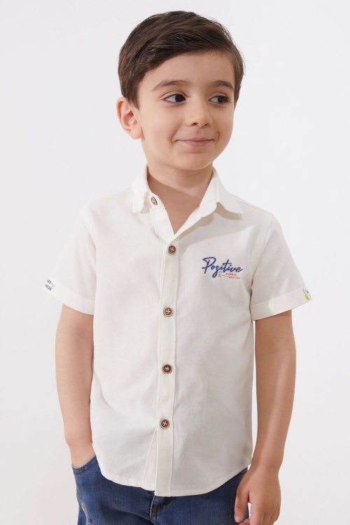 Ekru Yazı Baskılı Gömlekli Jean Şortlu Erkek Çocuk Takım 18966