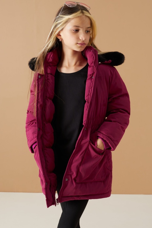 Fuşya Kapaklı Cepli Kız Çocuk Kapüşonlu Mont 19064