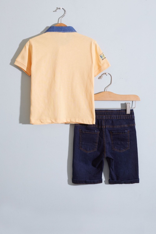 Hardal Polo Yaka Surf Baskılı Jean Şortlu Erkek Çocuk Takım 18921