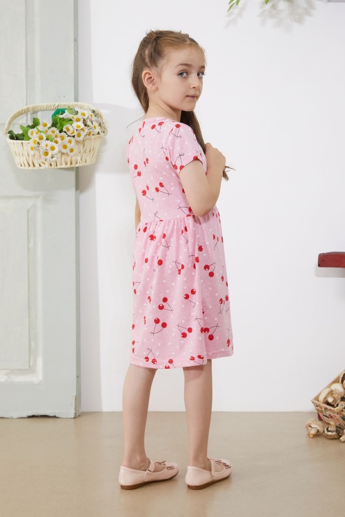 Pembe Kiraz Baskılı Kısa Kollu Kız Çocuk Yazlık Elbise 18784